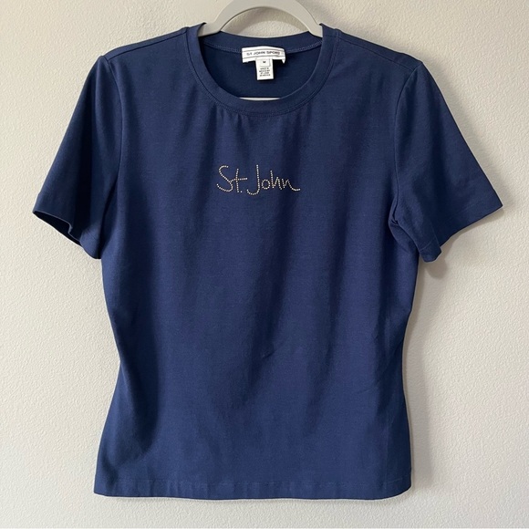 St. John Sport Navy Blue Gold Beaded Spell Out Short Sleeve Tee Shirt Medium - Picture 1 of 8